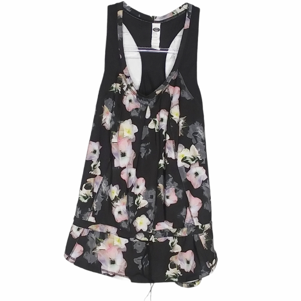 Anthropologie Pure + Good Black Gray Pink soft Floral Workout Tank S tie waist